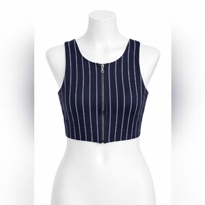 Offline Aerie Navy Blue Pinstriped Crop Top Zip Front – Trendy Summer Top, M